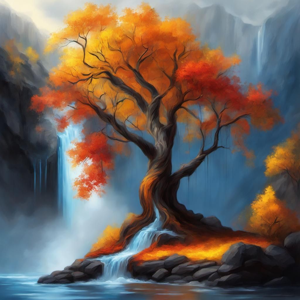 Autumn Tree Near Waterfall: A Digital Fantasy Painting