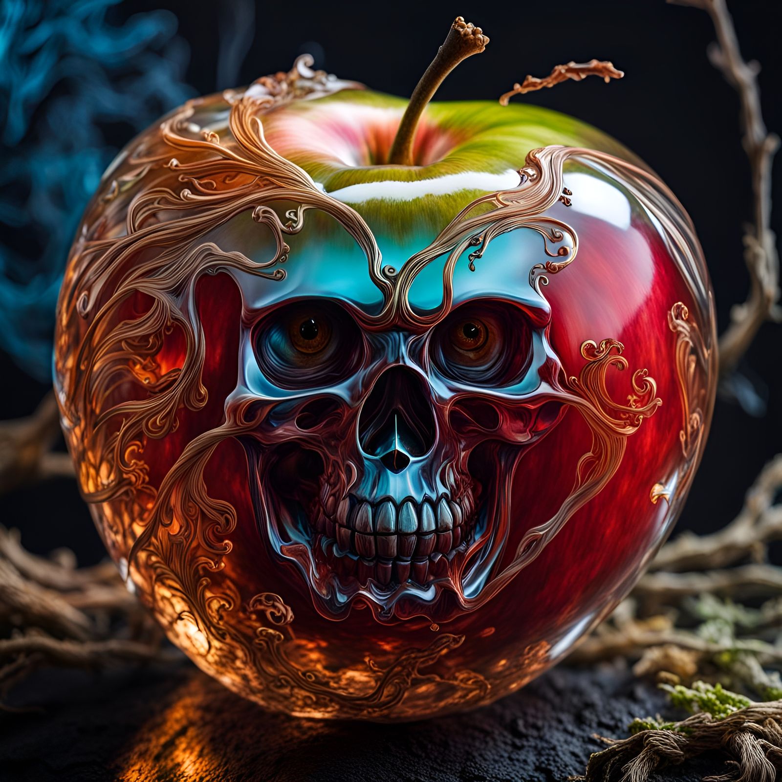 Hyperrealistic Crystal Ghost Apple in Folk Art Style