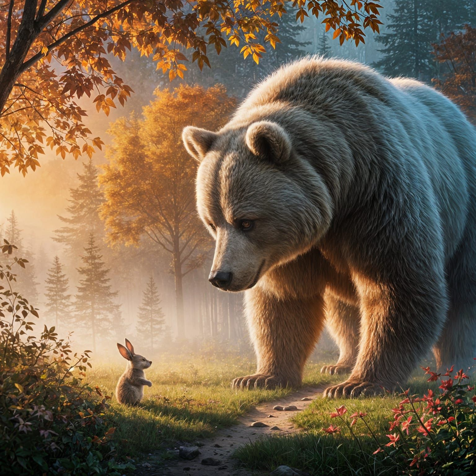 Fantasy Bear Observes Frightened Rabbit in Golden Forest Cle...