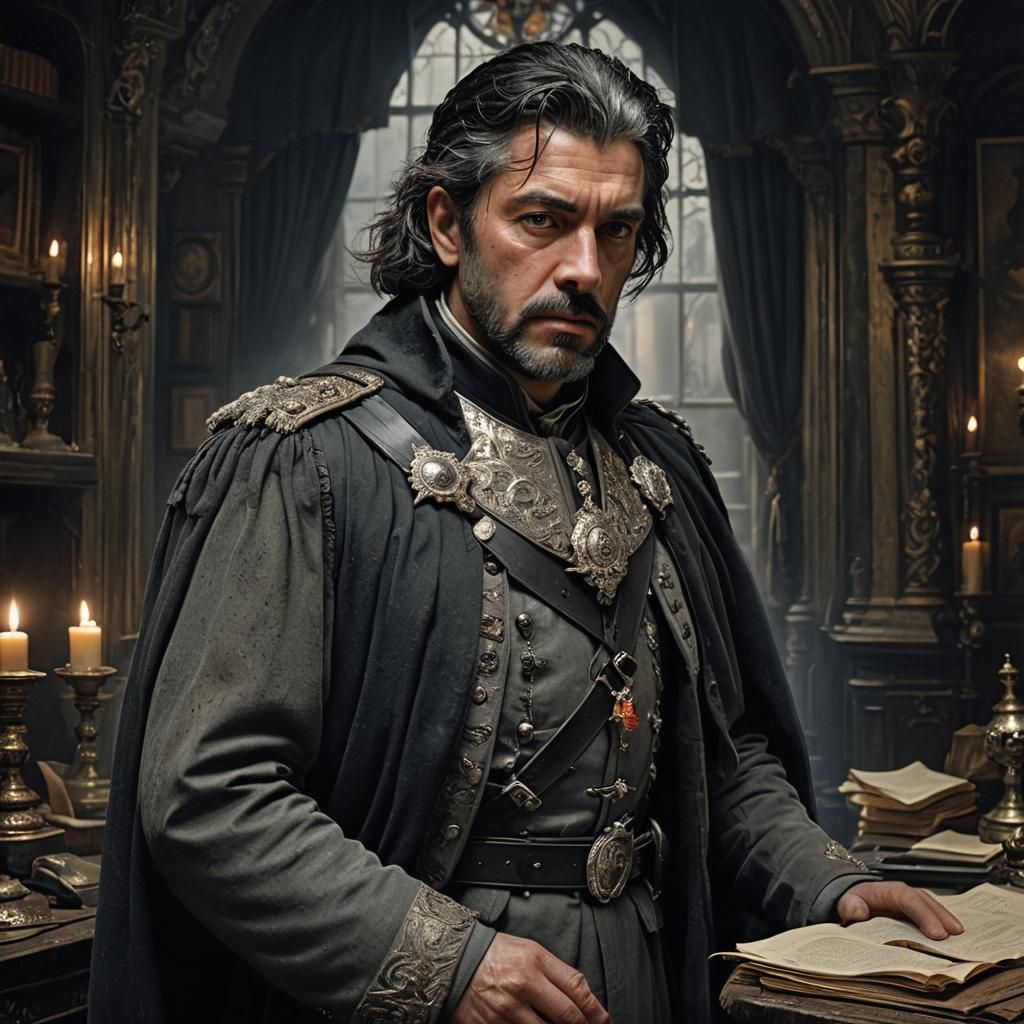 Ornate Fantasy City Guard in Dimly Lit Room