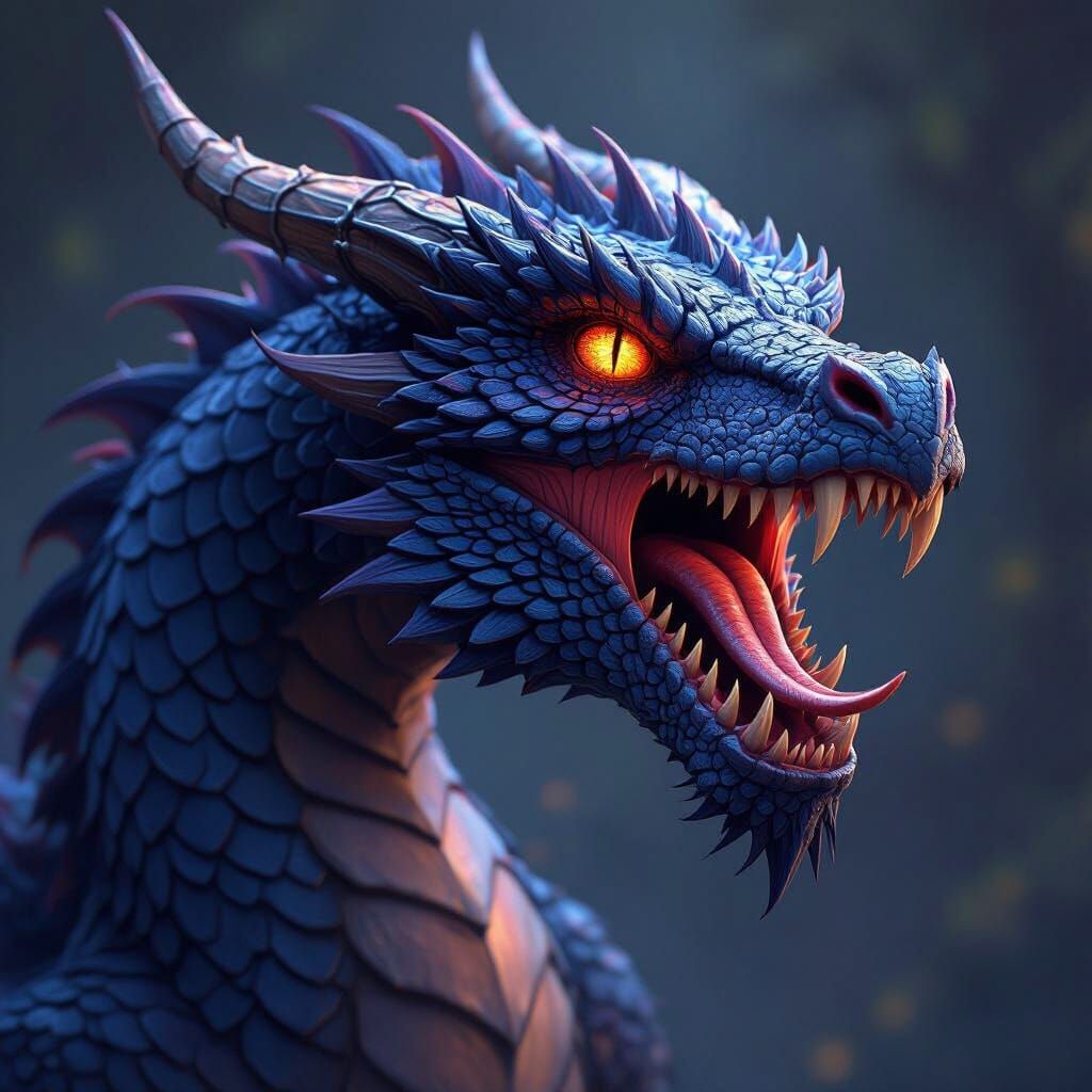 Blue Dragon with Red Eyes in Dark Fantasy Style