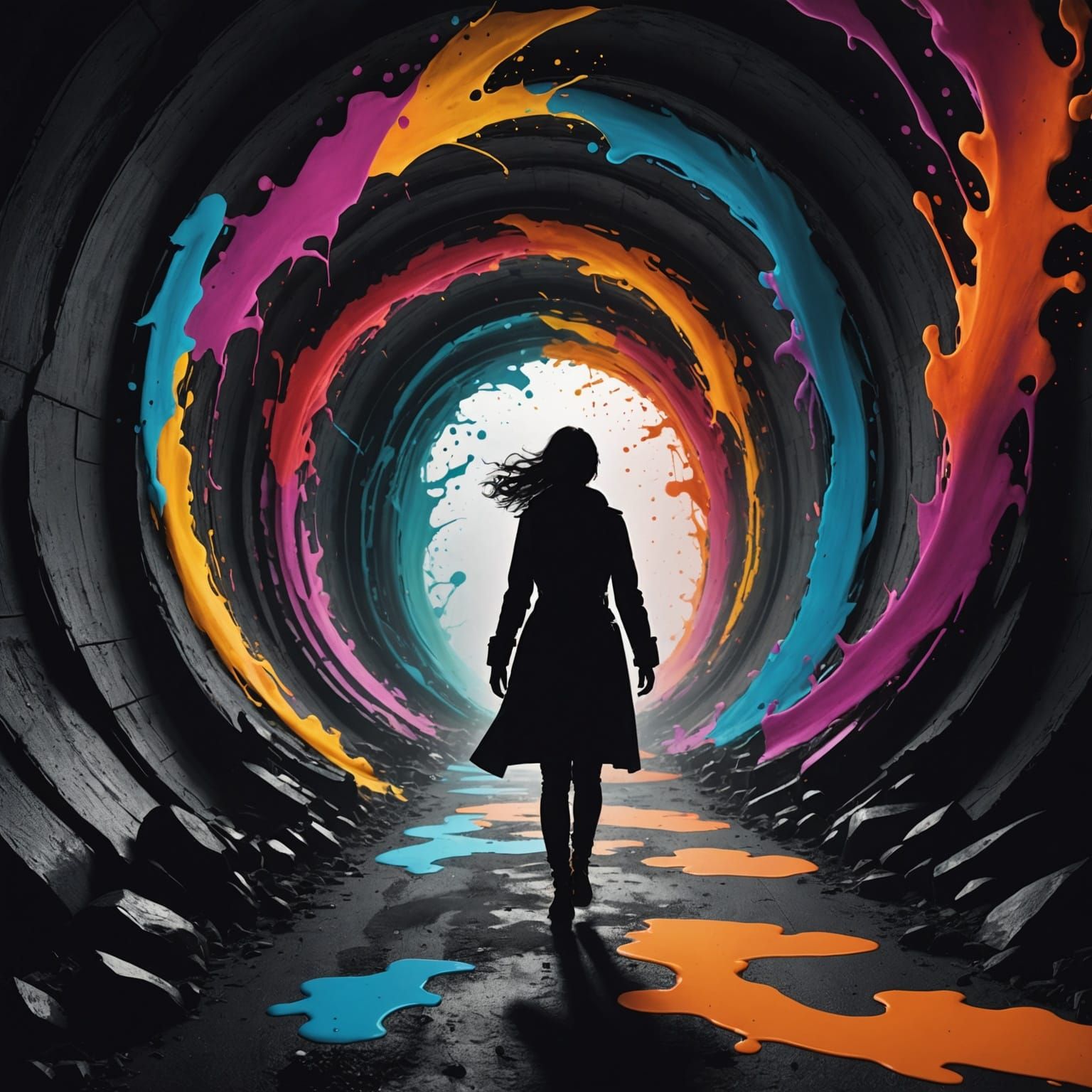 Woman in Tunnel of Ink Splatter Art