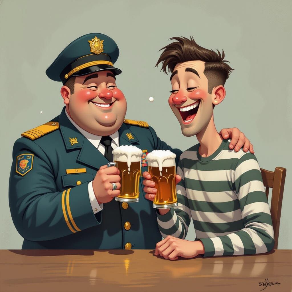 Guard and Prisoner Share a Laugh Over Beers