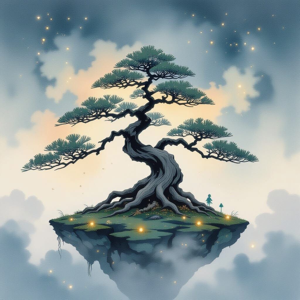 Floating Bonsai Island in Japanese Ink Wash