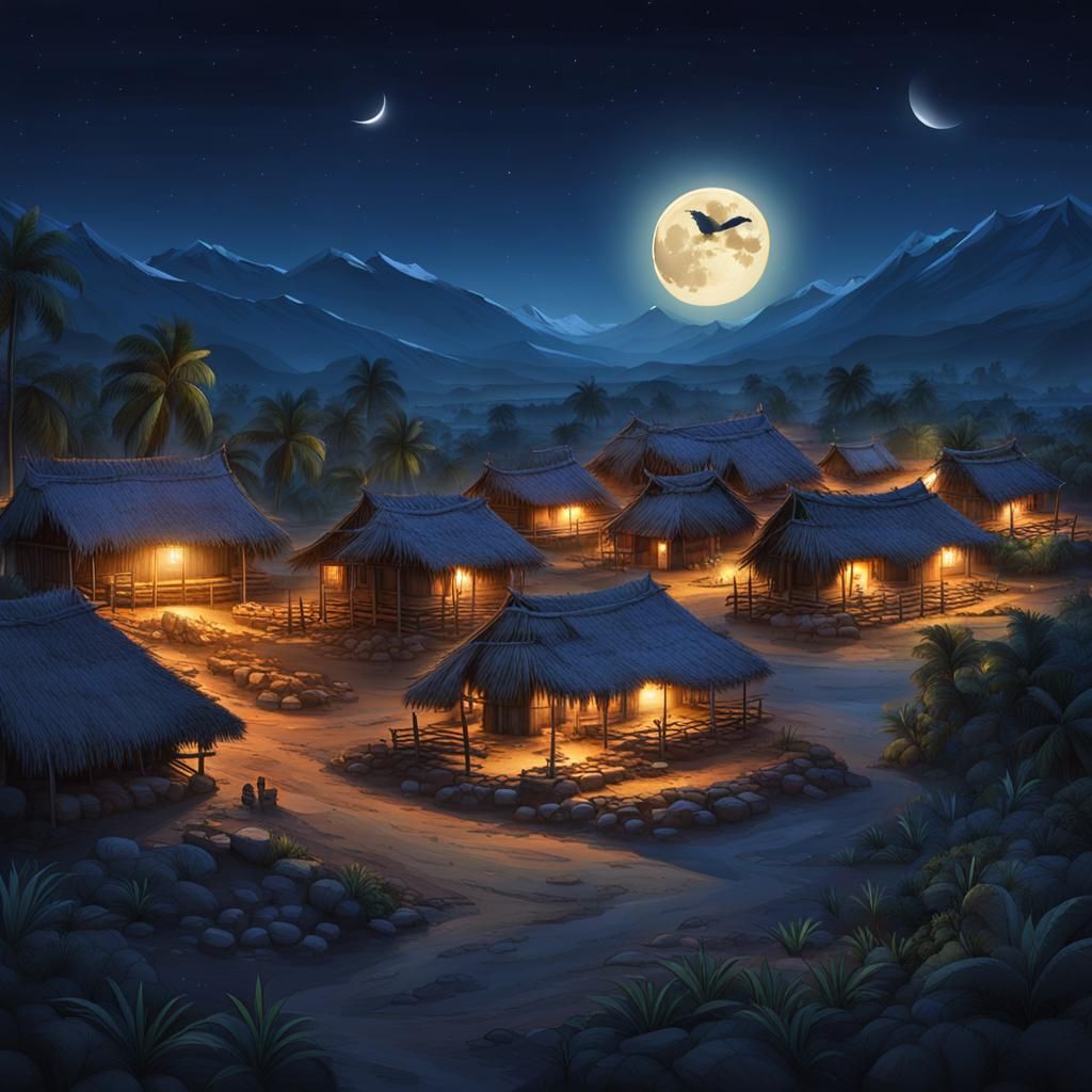 Moonlit Indian Village at Night