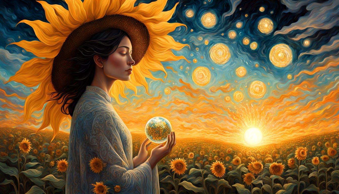 Sunflower Field Sunset: Impressionistic Fantasy Scene