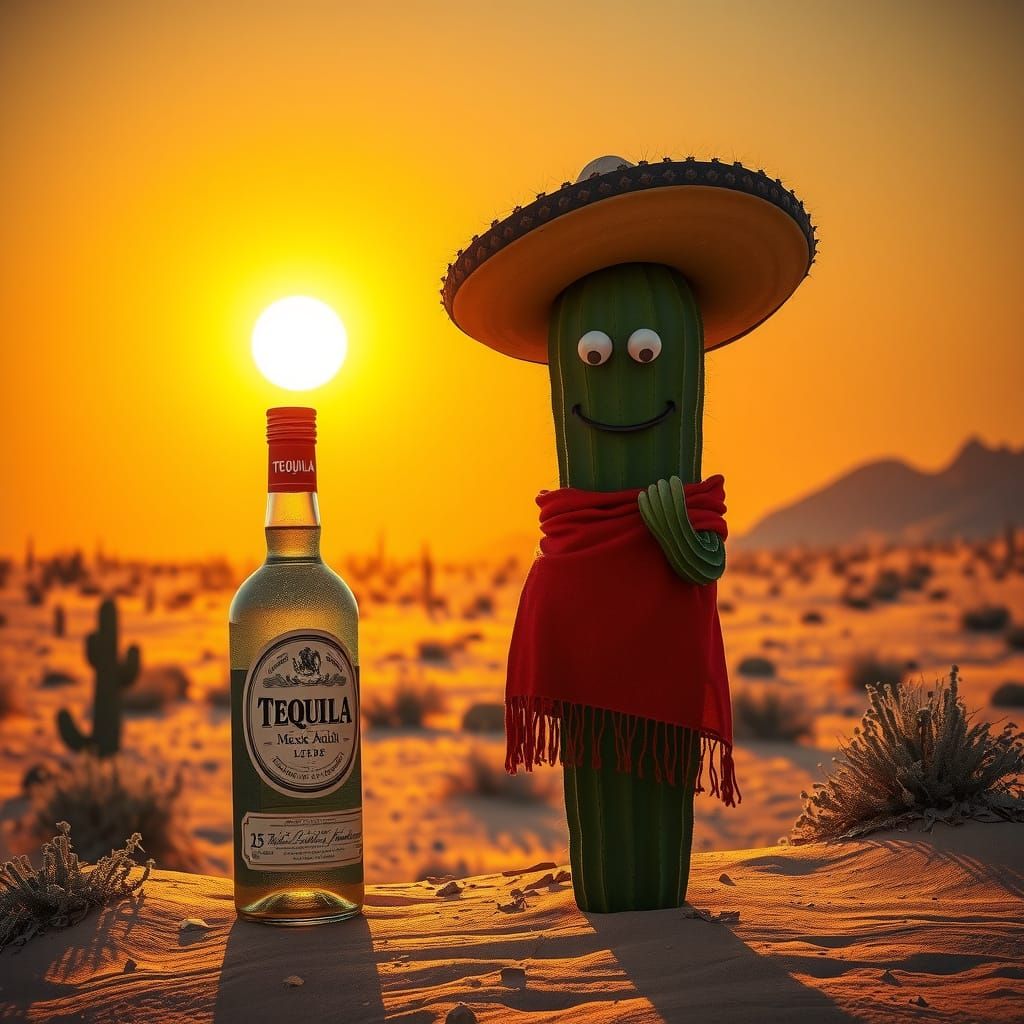 Humorous Cactus Bandit with Tequila in Desert Scene