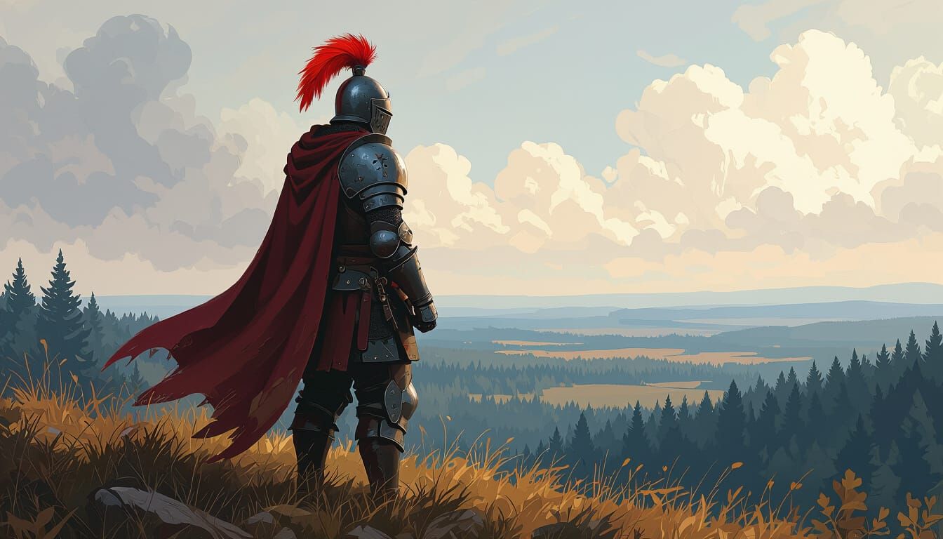 Rugged Knight in Armor on Windswept Hill, Stylized Art