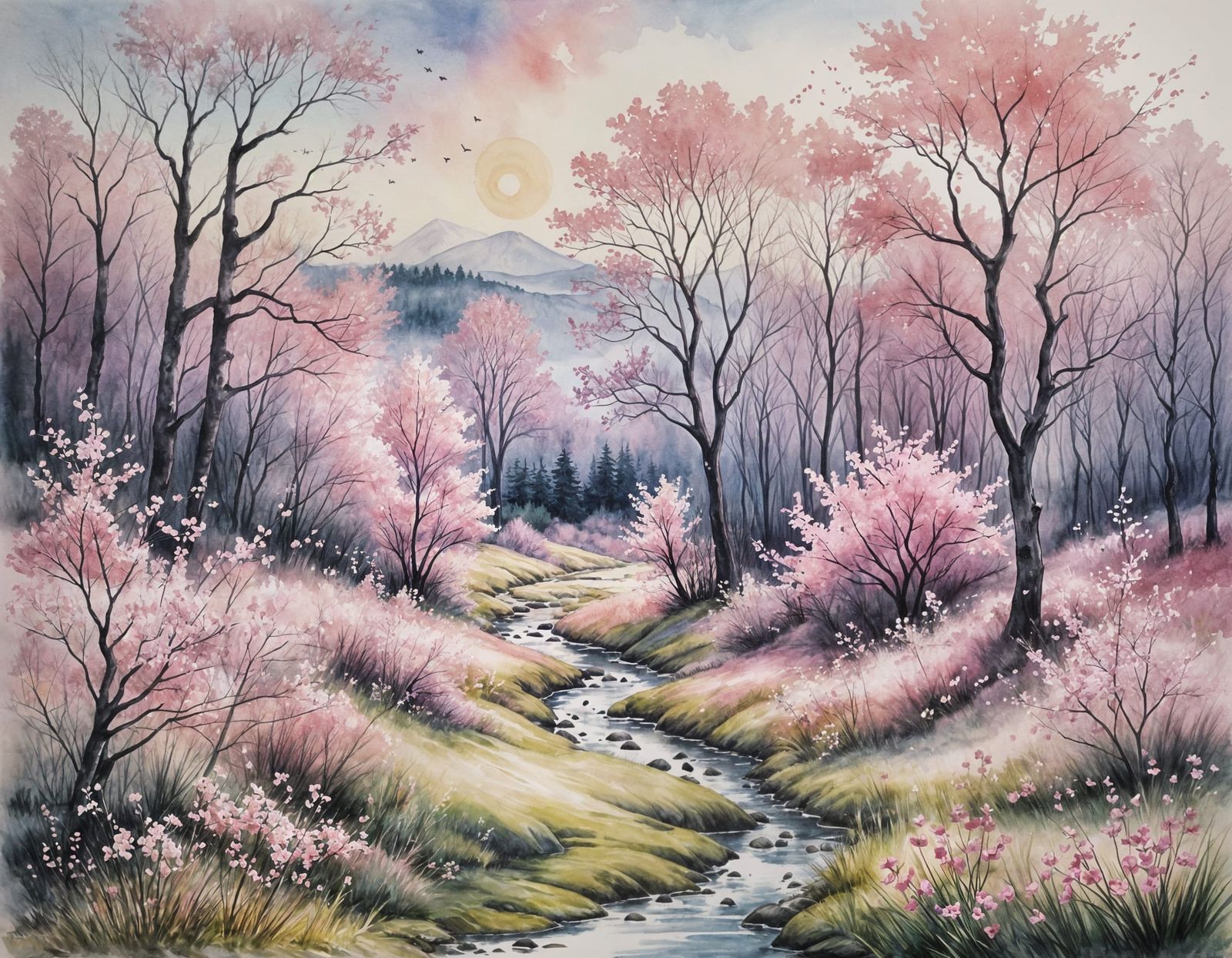 An expressive, emotional monochromatic watercolour painting of a magical spring landscape featuring pastel shades of pin...