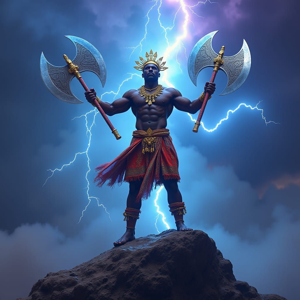 Imposing African King With Axes on Mountain