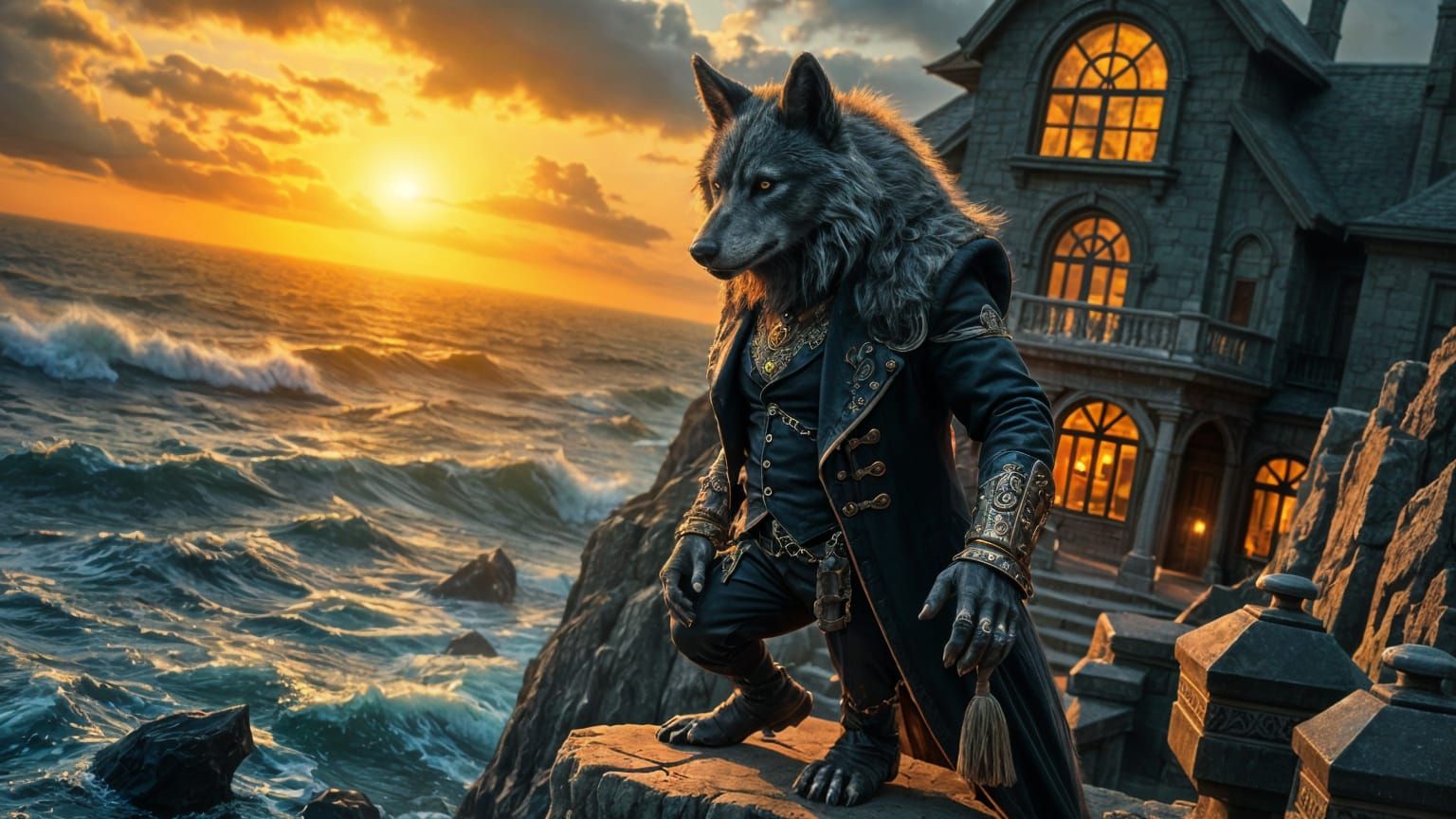 Elegant Werewolf at Sunset Amidst Gothic Cliffside Mansion