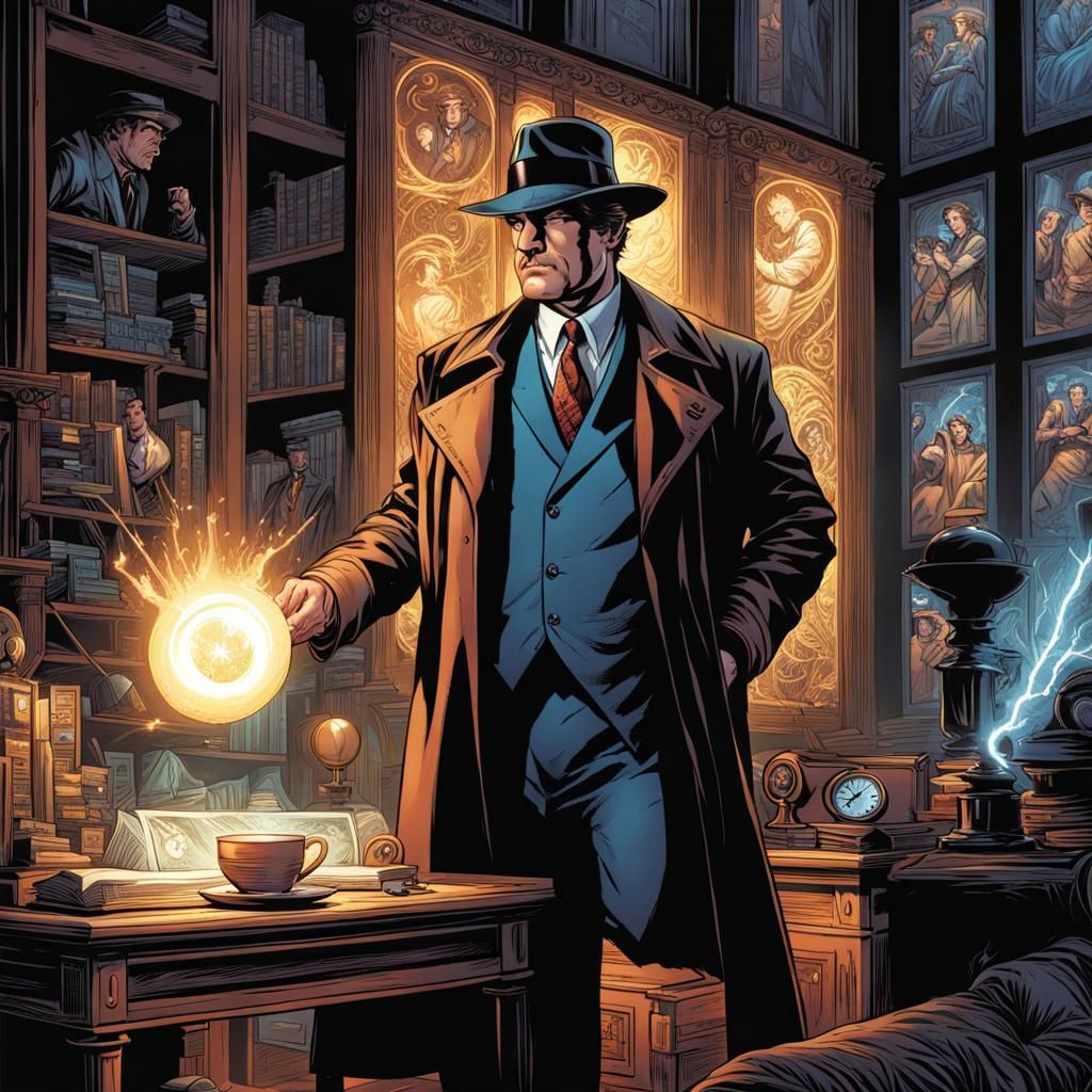 Noir Detective with Magic Powers in Comic Art