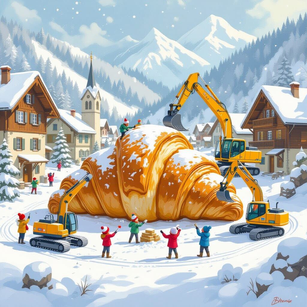 Miniature Construction Site Building Around Giant Croissant