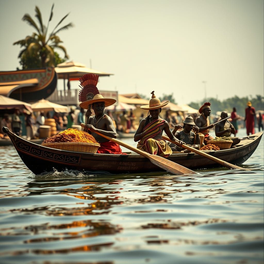 Yoruba Traders Navigate River Market in Ultrarrealistic Cano...