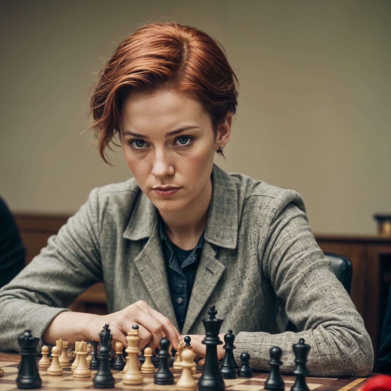 Red-Haired Chess Champion in Vintage Film Style