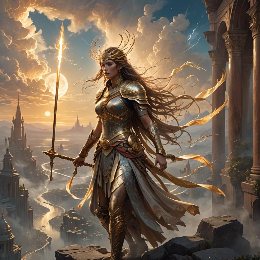 Mystic Warrior in Celestial City, Detailed Matte Painting