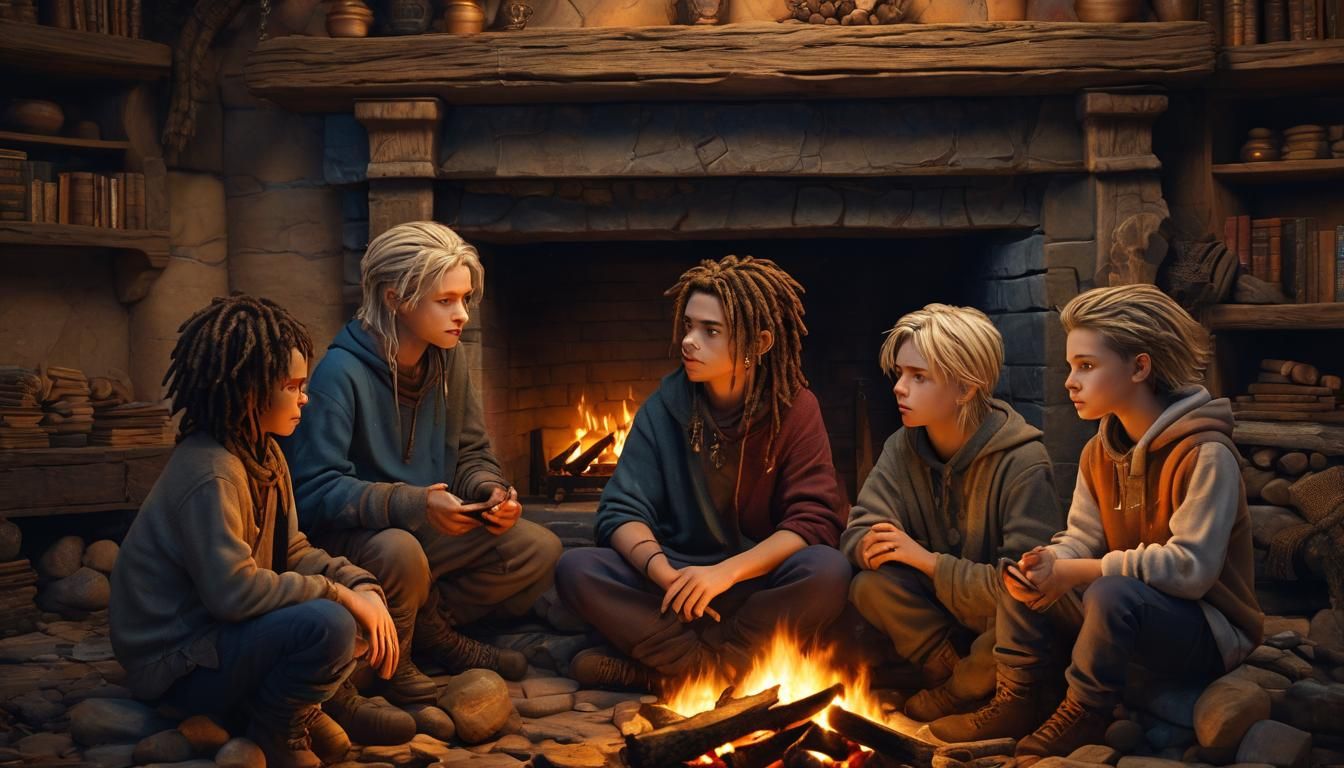 Enchanting Fireplace Scene with Four Young Boys