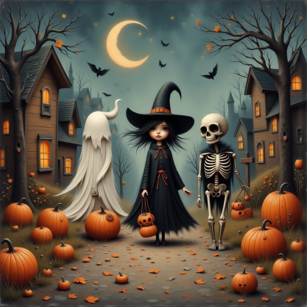 Children Trick-or-Treating in a Halloween Street Scene