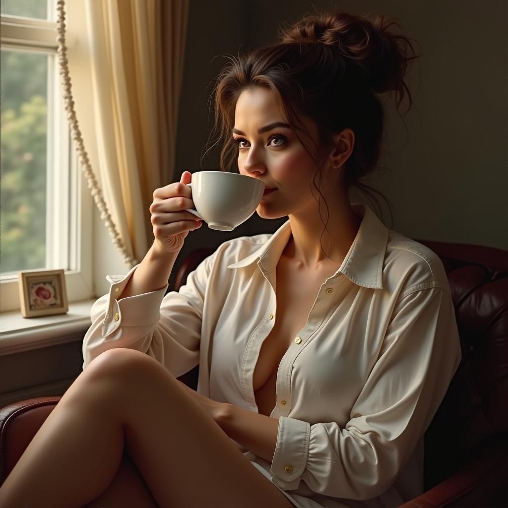Sensual Woman Drinking Tea, Oil Painting Portrait
