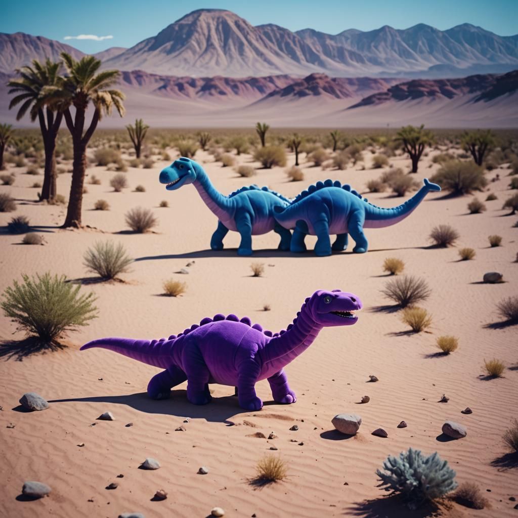 Purple Dinosaur Plush Toy Desert Chase: Cinematic Still
