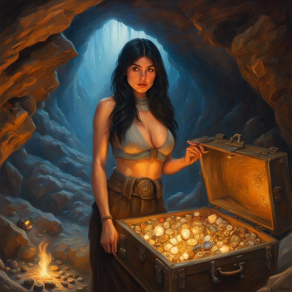 Celebrity in Ancient Cave with Treasure, Oil Painting