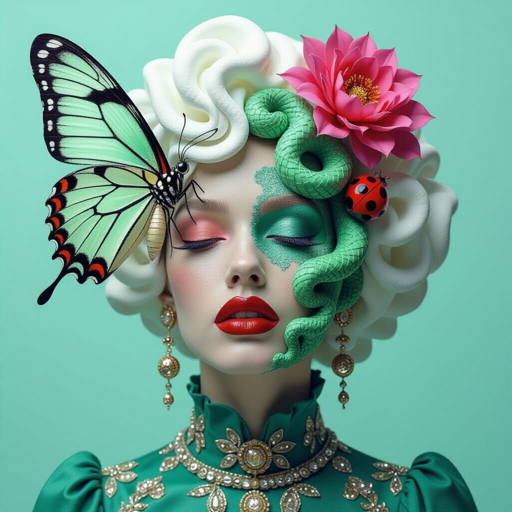 Surreal Model with Abstract Face and Vibrant Fungi