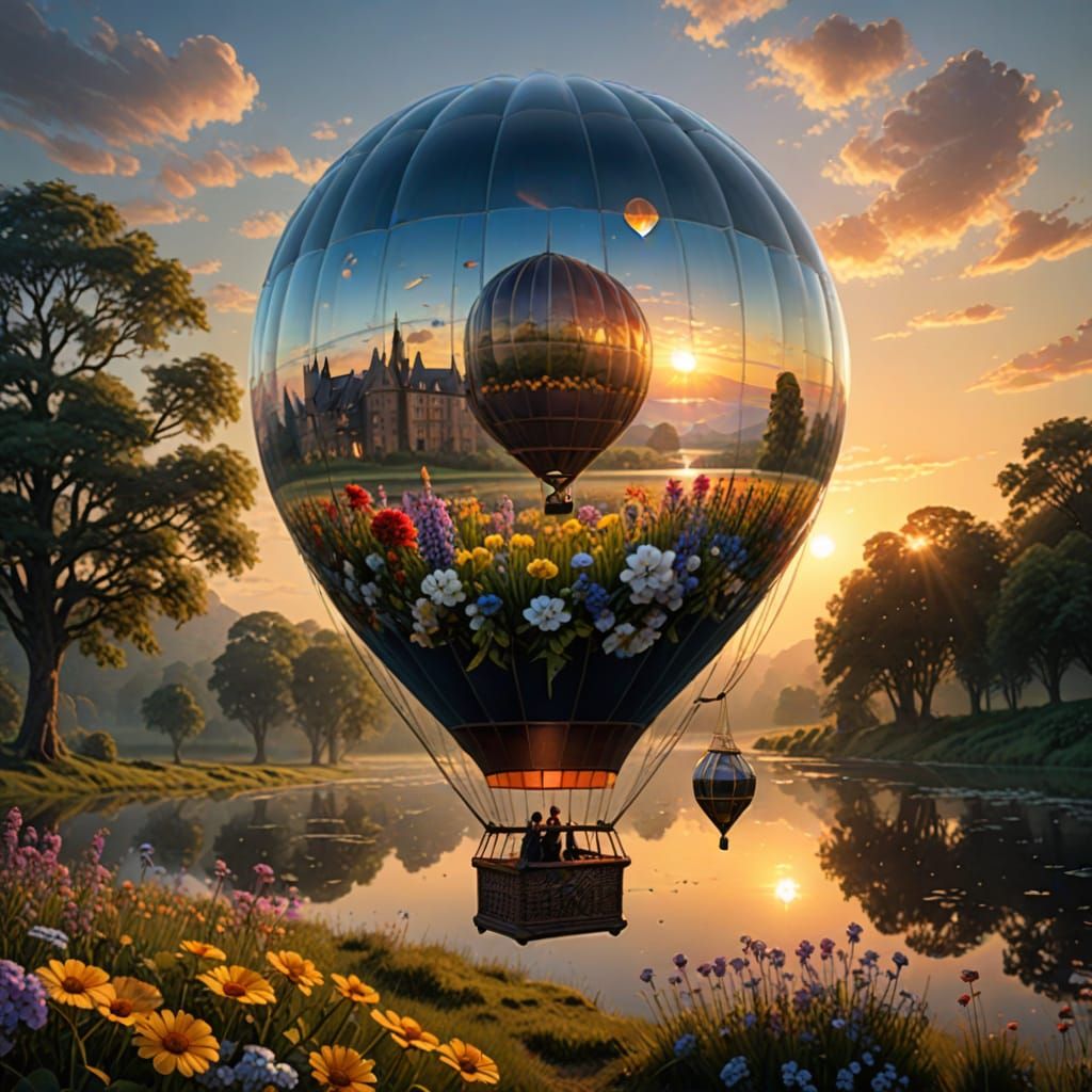 Glass Hot Air Balloon with Flowers at Sunrise