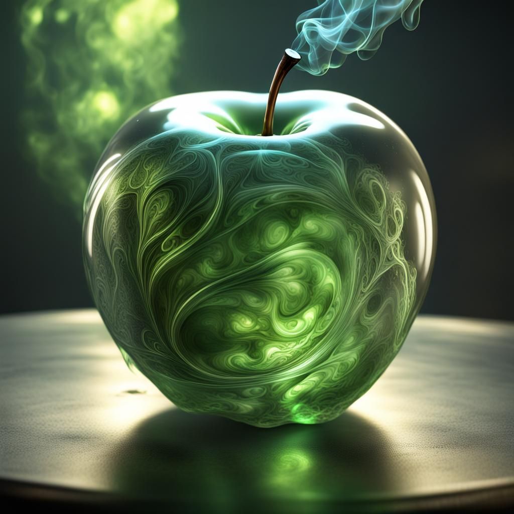 Cosmic Glass Apple with Green Highlights in CGI
