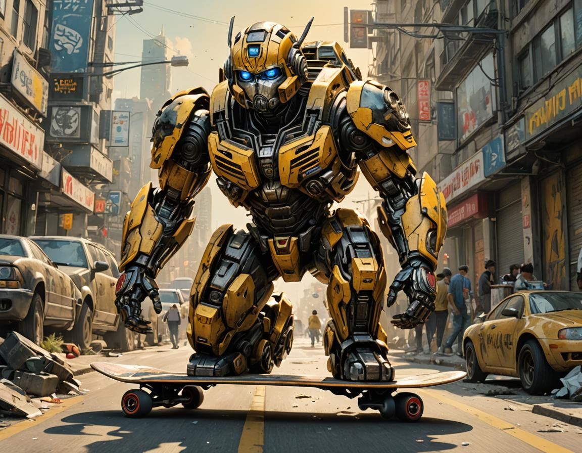 Bumblebee on Skateboard at Dawn, Watercolor Concept Art