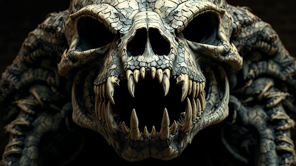 Ethereal Mosaic Skull Monster in Dark, Biomechanical Style