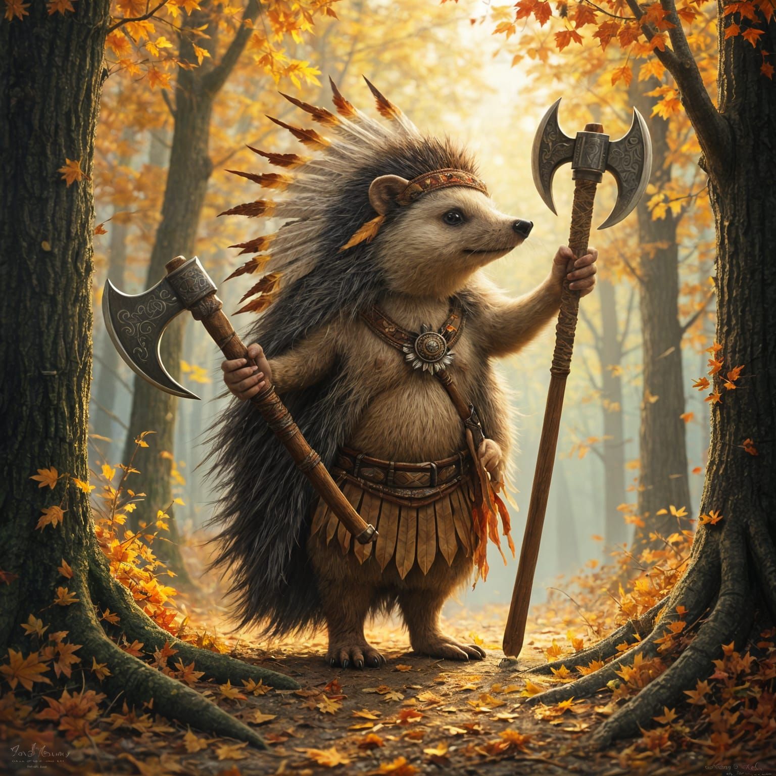 Native American Hedgehog in Autumn Forest Scene