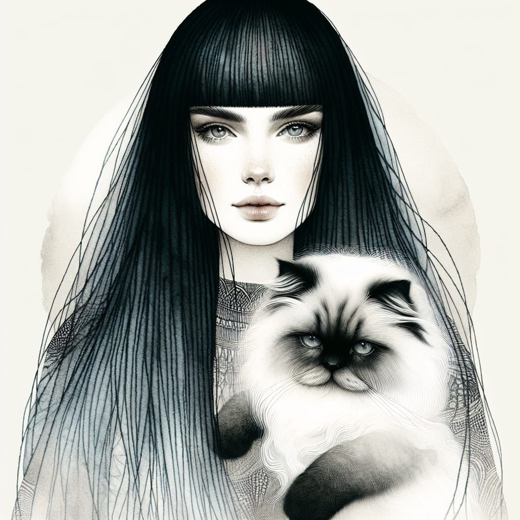 Ethereal Woman with Ragdoll Cat in Watercolor Style