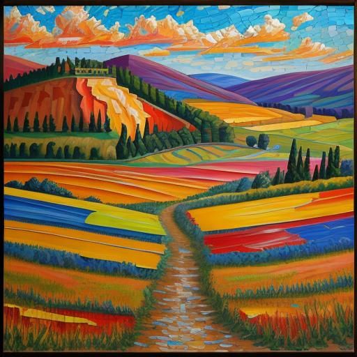 Colorful Mosaic Landscape in Expressionist Impasto Style