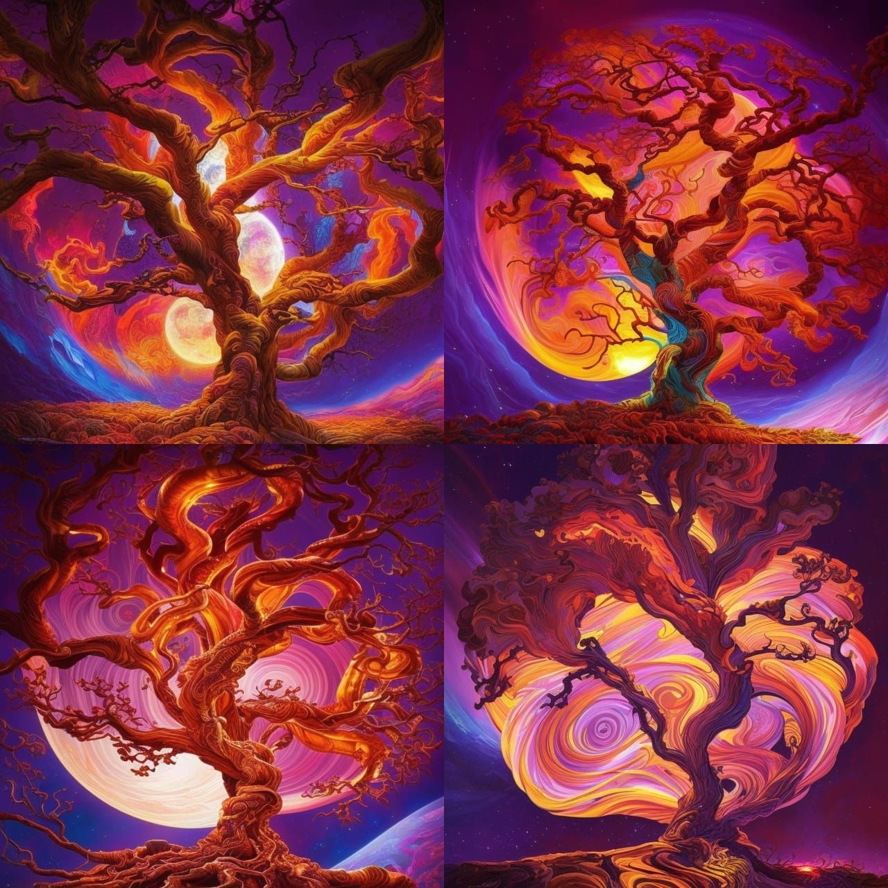 Fiery Cosmic Tree: Holographic Astral Illustration