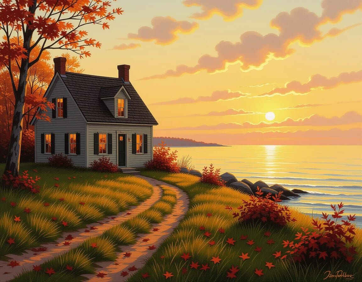 Cozy Autumn Cottage by the Sea at Golden Hour