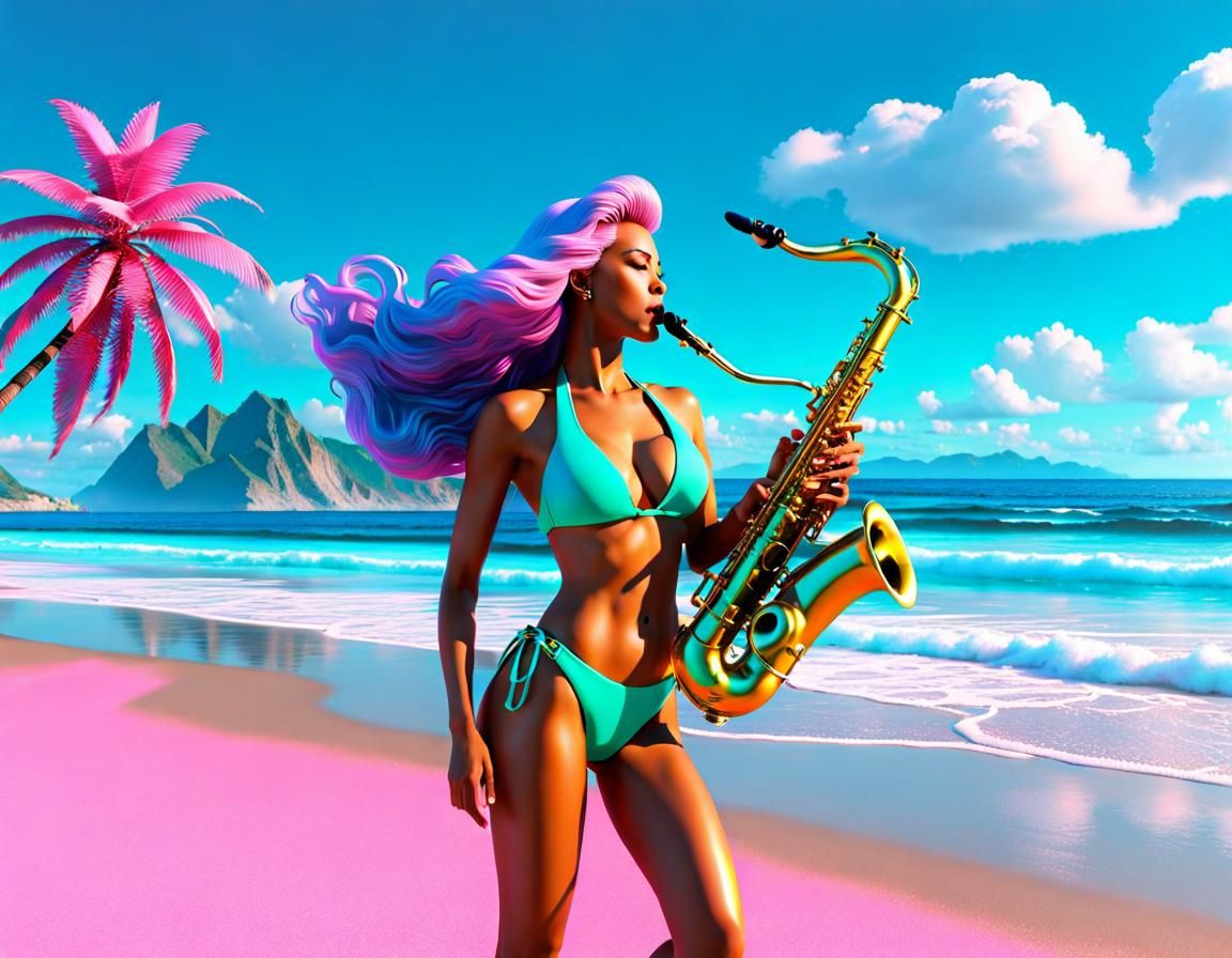 Eurasian Woman Plays Saxophone in Vaporwave Style