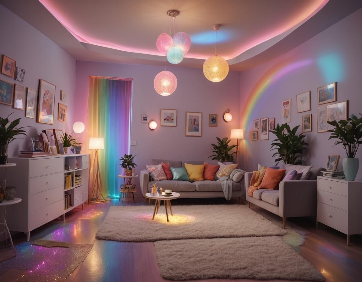 Cozy Room with Rainbow Lights in Digital Art Style