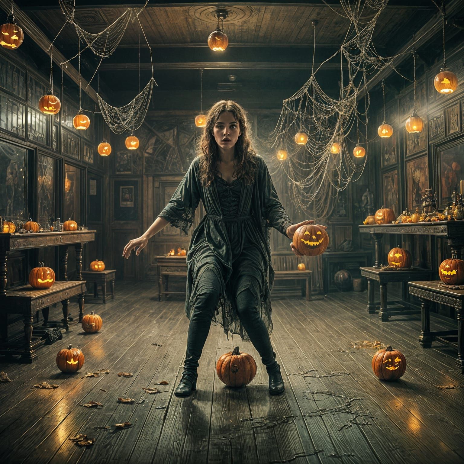 Ghostly Bowling Alley with Jack-o'-Lanterns