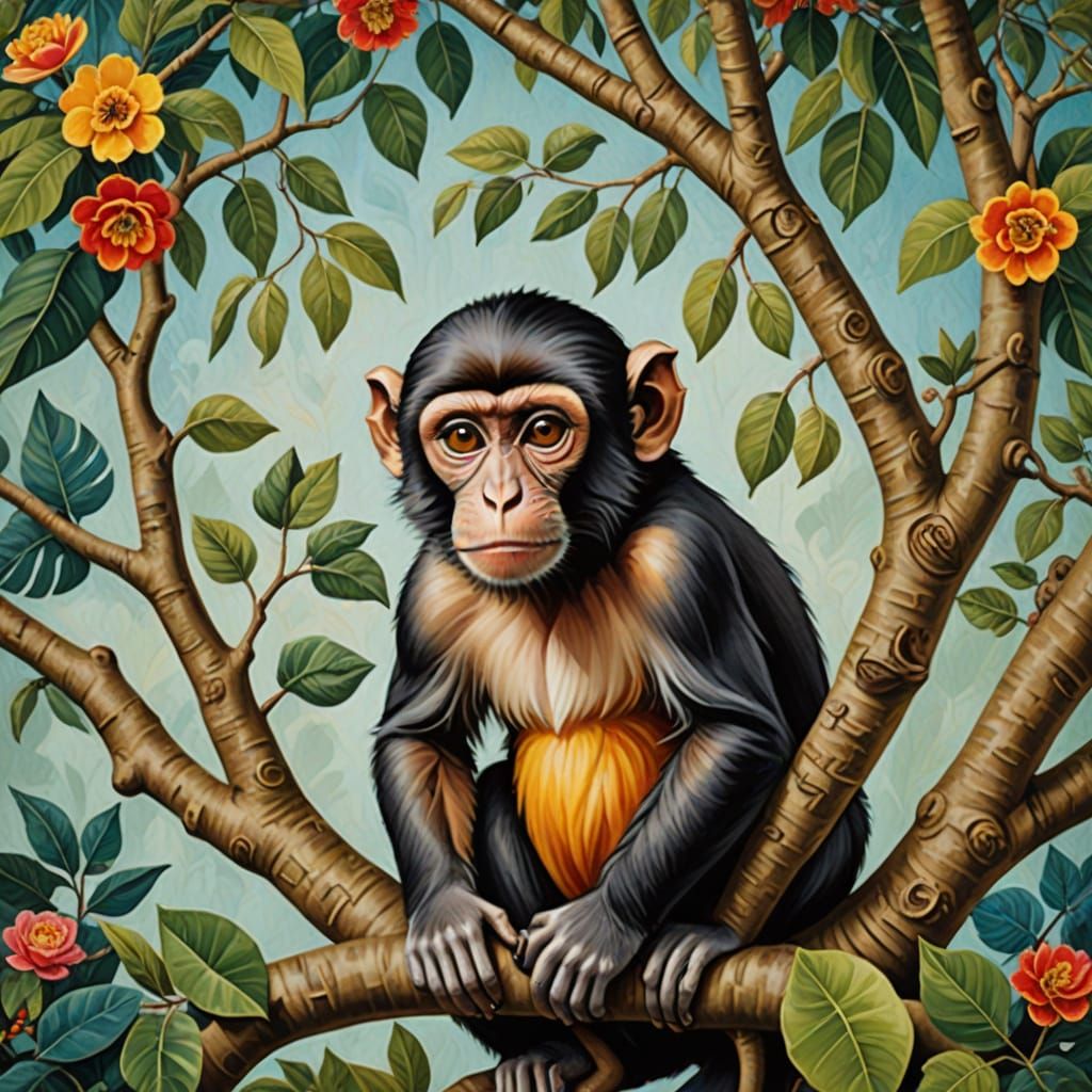 Monkey in Tree Painting in Frida Kahlo Style