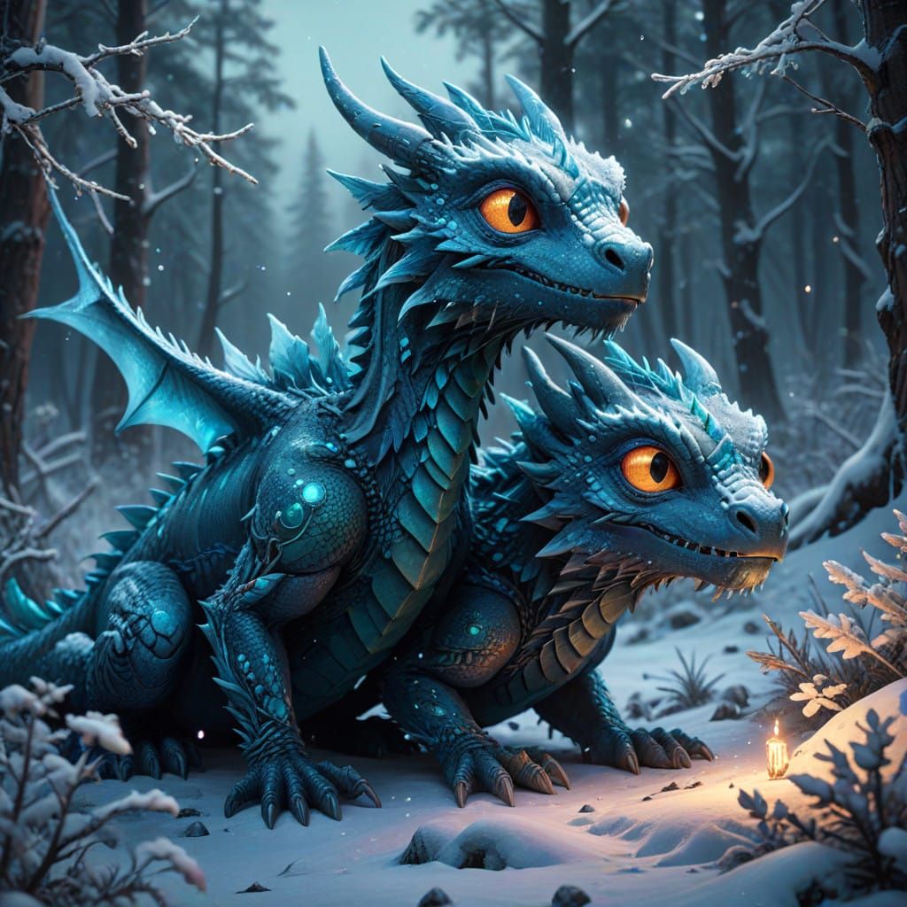 Bébés Dragons Jouent dans la Forêt de Glace en Hiver