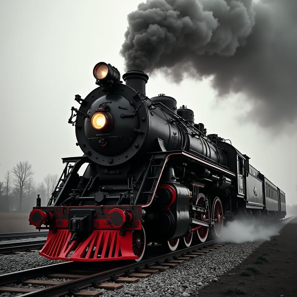 Steam Locomotive in Black and White with Red Accents