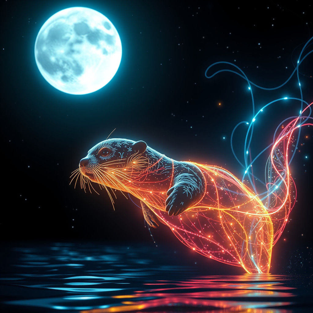 Bioluminescent Otter Floating Under a Full Moon