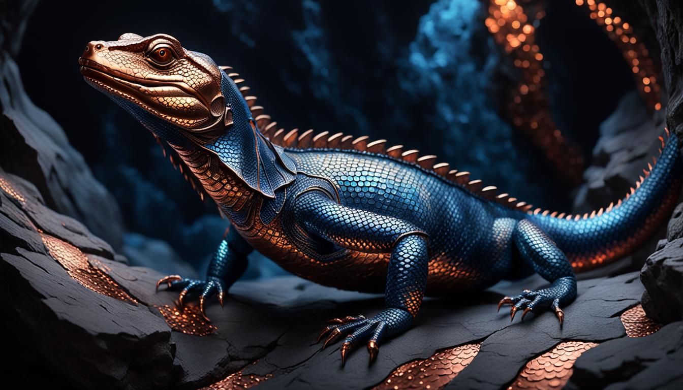 Lizard with scales of metallic copper