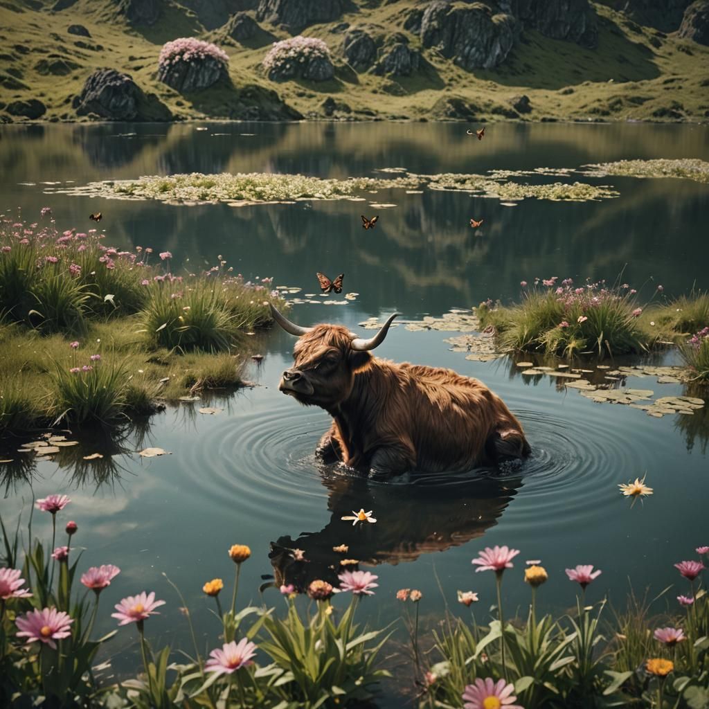 Baby Turtle Resting on Highland Cow in Lake