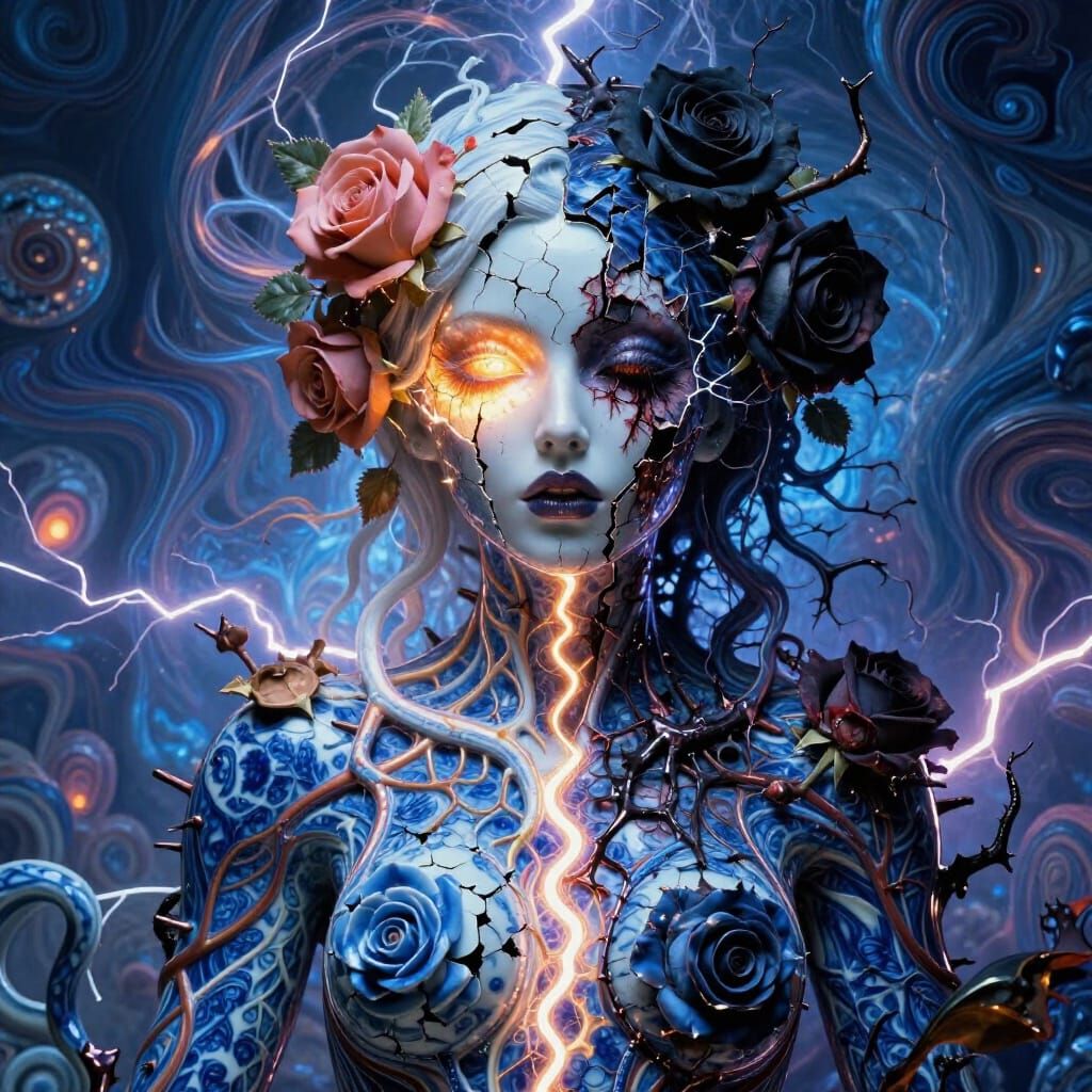 Surreal Portrait of Fractured Woman in Dual Emotion