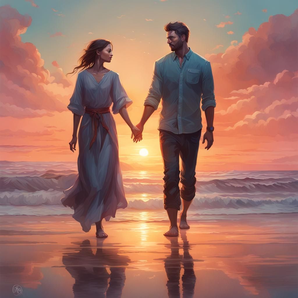 Romantic Sunset Beach Scene with Couple