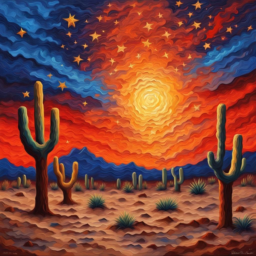 Starry Desert Night in Impasto Oil Paint Style