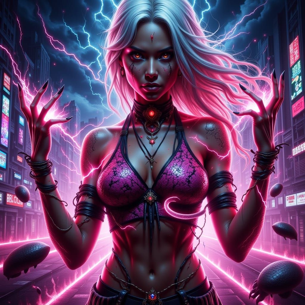 High-Femme Sorceress with Lightning and Neon, Digital Painti...