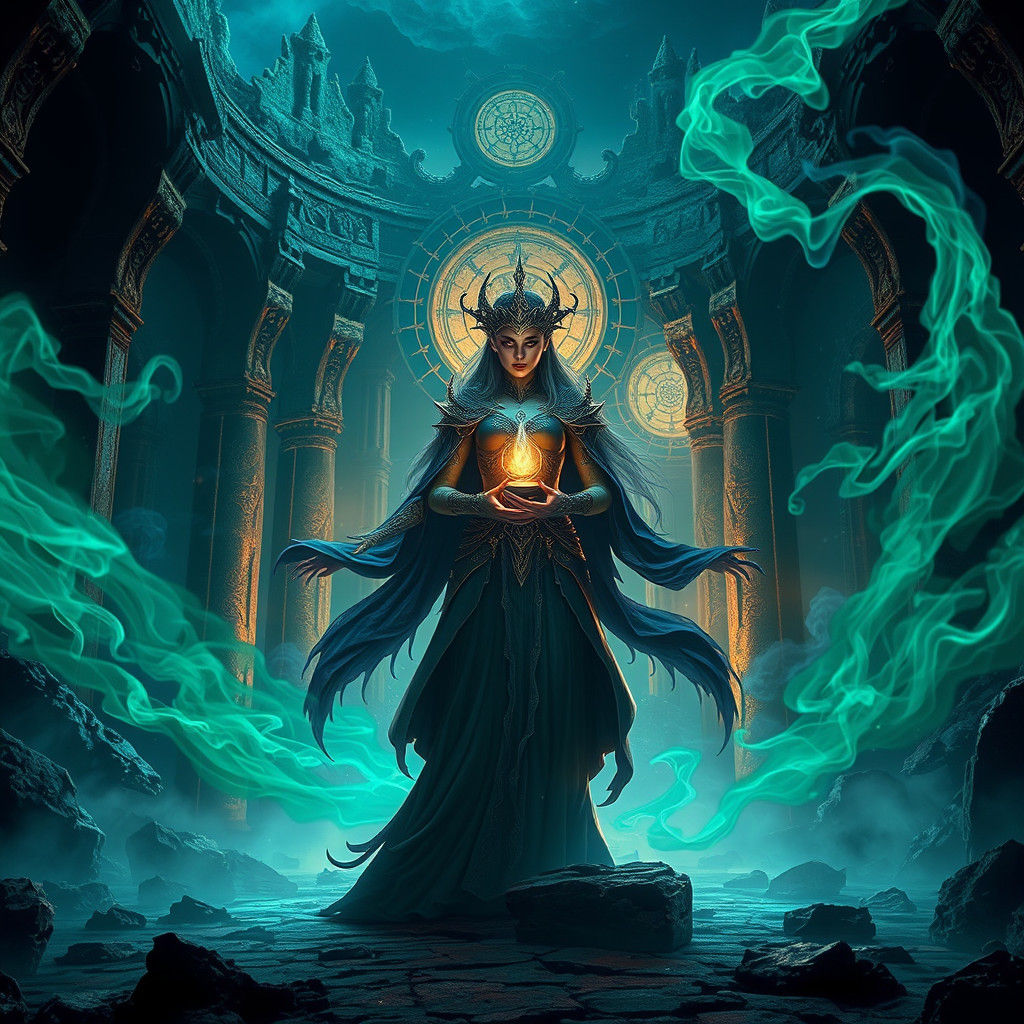 Majestic Sorceress Summons Energy in Ruined Temple