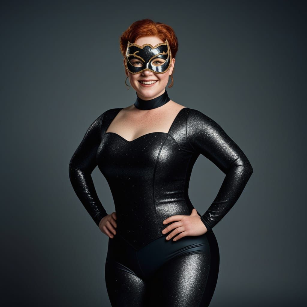 Glamorous Plus-Sized Superhero in Ruby and Gold Mask